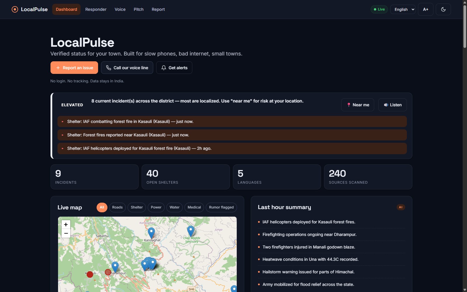 LocalPulse resident dashboard in the dark theme: the same status cards and live incident map rendered on a dark background.