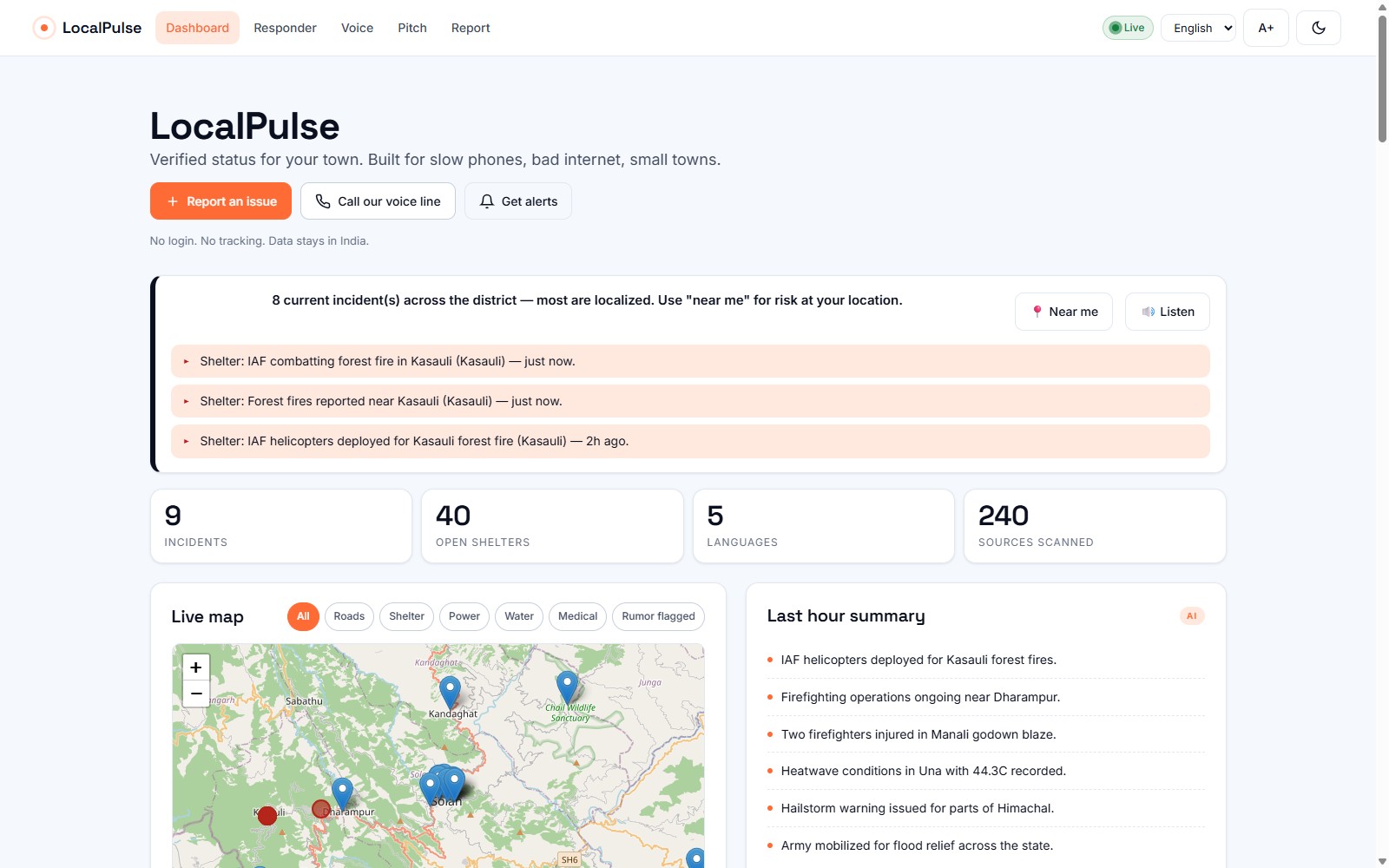 LocalPulse resident dashboard in the light theme: status summary cards and a live Leaflet map of incidents.